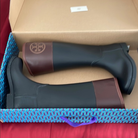 Tory Burch Black and Brown Logo Rain Boots - Picture 1 of 10